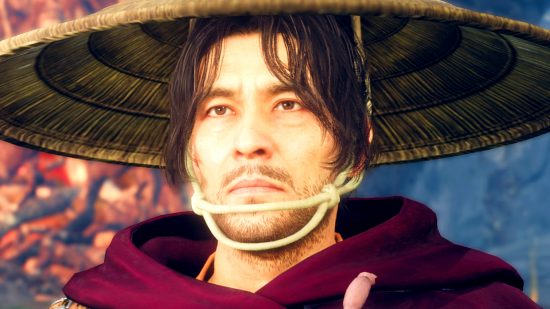 Wild Hearts patch 1.05 - Daidoji Ujishige, a hunter with scruffy hair in a red cloak and large cone hat