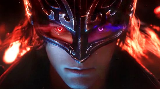 Wo Long Fallen Dynasty / Naraka Bladepoint crossover - a man wearing a mask over the top half his face stares, as his eyes glow red and purple