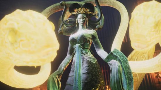 Wo Long Fallen Dynasty update fixes janky camera controls on mouse: An Asian woman with black bouffant hair stands looking down at the camera as her green skin glows and she sends out two golden spirit snakes to attack