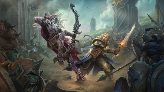 WoW's cross-faction guilds don't take the 'war' out of Warcraft: An elf woman holding a huge bone-like bow shoots at a warrior with blond hair and a huge sword in mid air as battle rages around them