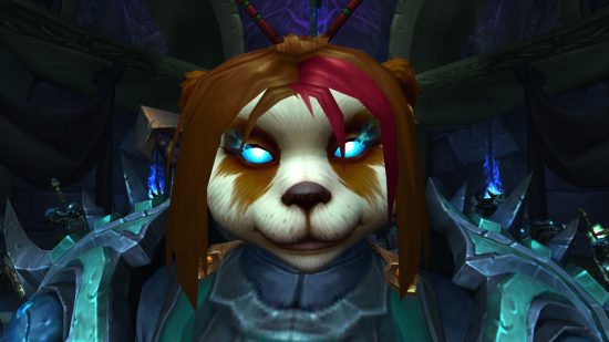 WoW Dragonflight patch drops huge Death Knight, Paladin, Shaman buffs: A panda with brown hair with a red streak at the front and glowing blue eyes looks into the camera