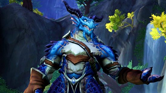 WoW Dragonflight patch 10.0.7 - a blue Dracthyr in the forest