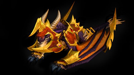 WoW Dragonflight patch 10.1 - a Cliffside Wylderdrake in red and gold armor with a spiked helm (image credit: Wowhead)