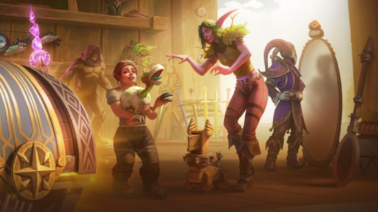 WoW Trading Post won't let you unfreeze items, but Blizzard is on it: A pink skinned night elf with green long hair and huge pointy ears stands looking at a dwarf holding a squawking baby bird in an egg as a clown looks in the mirror in the background