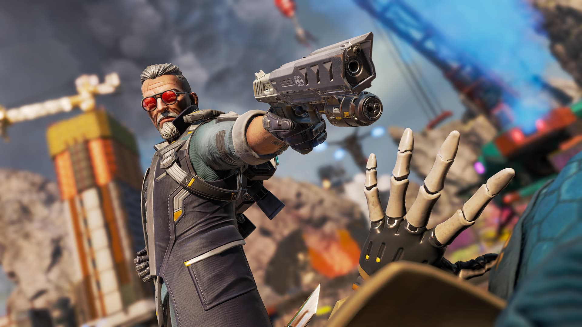 Apex Legends Ballistic -- This old man is armed to the teeth: man with grey hair and sunglasses pointing a gun