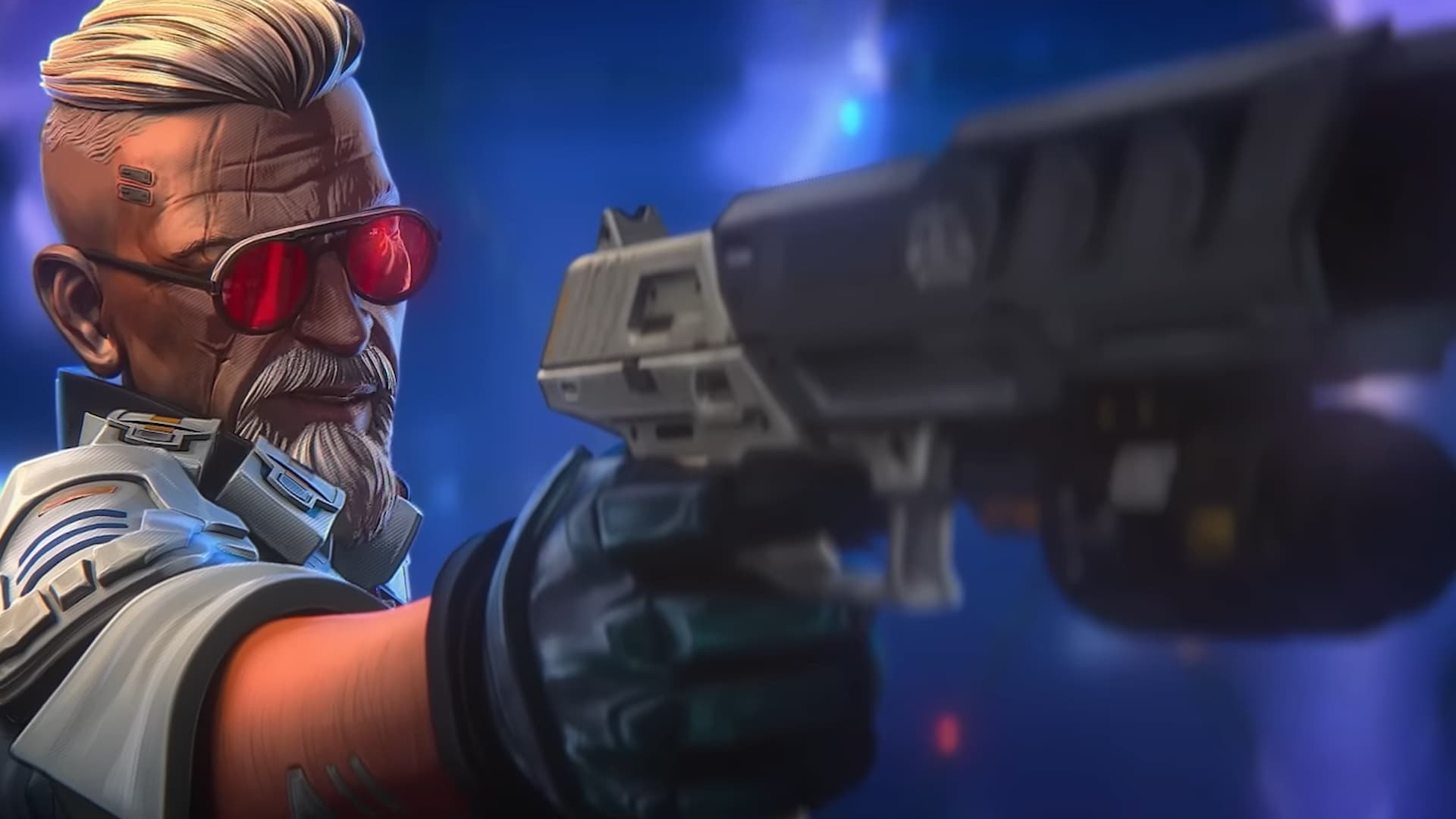 Apex Legends Ballistic -- This old man is armed to the teeth: man with grey hair and red sunglasses holding a gun
