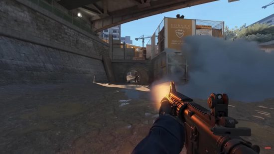 A Counter-Strike 2 match where one player shoots at another in an industrial location filled with pipes and archways