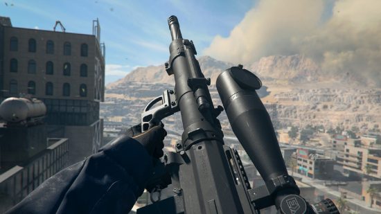 Best FJX Imperium - Intervention loadout: a person holding a sniper rifle on a rooftop, with a huge city in the background.
