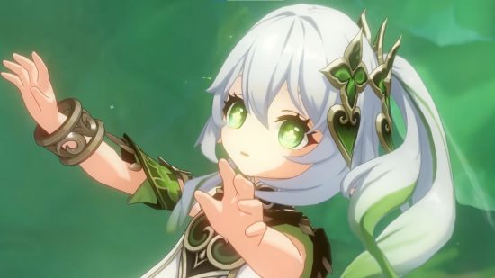 Genshin Impact Nahida rerun sales starting out slower than her launch: anime girl with white hair and green eyes falling