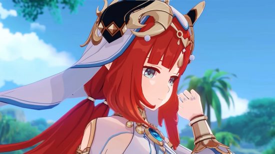 Genshin Impact rhythm game web event offers limited Primogem codes: anime girl with red hair and headdress