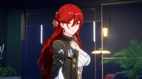 Honkai: Star Rail crossplay - Himeko is the ship's navigator. She has red hair and lots of brass roses on her outfit and hair. Some ticket stubs hang out of her jacket.
