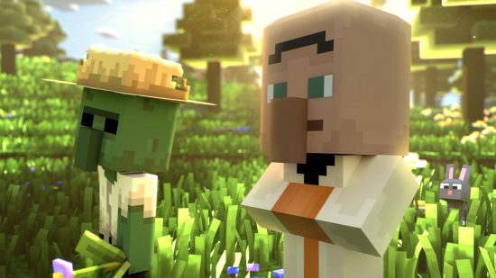 Minecraft Legends Lapis Lazuli - a villager, zombie, and a rabbit looking at the same thing.