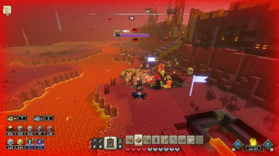 Minecraft Legends Lapis Lazuli - the player is fighting against a horde of Piglins outside the Piglin base.