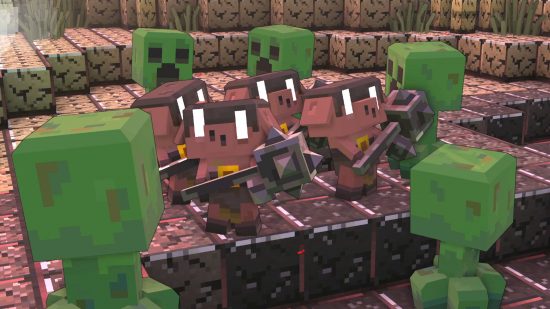 Minecraft Legends mobs - some Creepers have surrounded some very worried Piglins, and are about to explode.