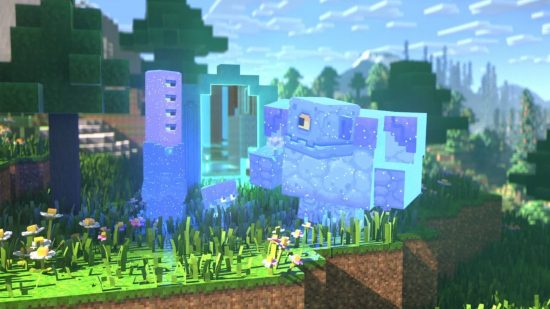Minecraft Legends resource more - three guardians gathered outside of a portal. One is a big golem, another is a long tower with multiple eyes, and the third is a small cube with an eye.