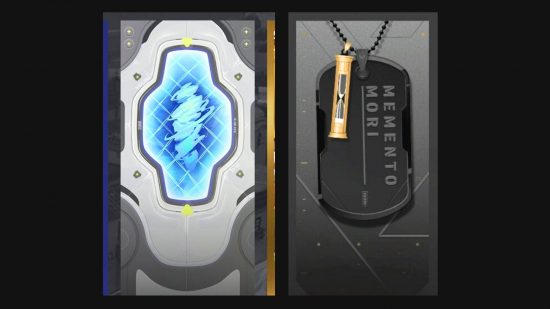 Two Valorant cards, one with a dogtag saying 'momento mor' with an hourglass, and the other with a blue portal with a sketchy figure in it