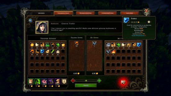Against the Storm Merchant Shipwreck update - a screenshot of the new-look trading post interface