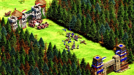 Atualização do Age of Empires 2 DE - dois exércitos opostos se enfrentam em um corredor natural entre fileiras de árvores