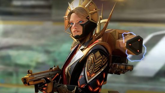 New Apex Legends event mode makes headshots dead simple: A blonde woman with a golden halo attached to black robotic armour stands with her weapon ready and an electrical charge on her back