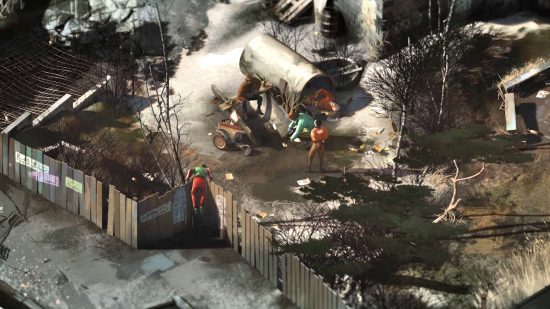Best RPG games - A kid is climbing a fence to reach the people investigating a pile of scrap.
