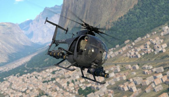 Best free Steam games: War Thunder. Image shows a helicopter flying around a war zone.