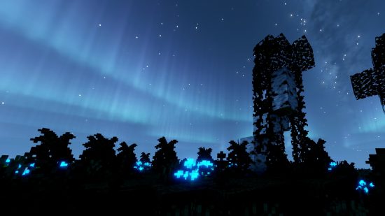 Bedste Minecraft Shaders: Aurora Borealis vises på nattehimlen i Minecraft med Solas Shaders installeret