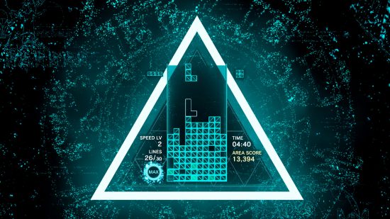 Best PC games - Tetris Effect Connected shows the Tetris grid in aqua blue light, in a triangle, with a score of over 13,000