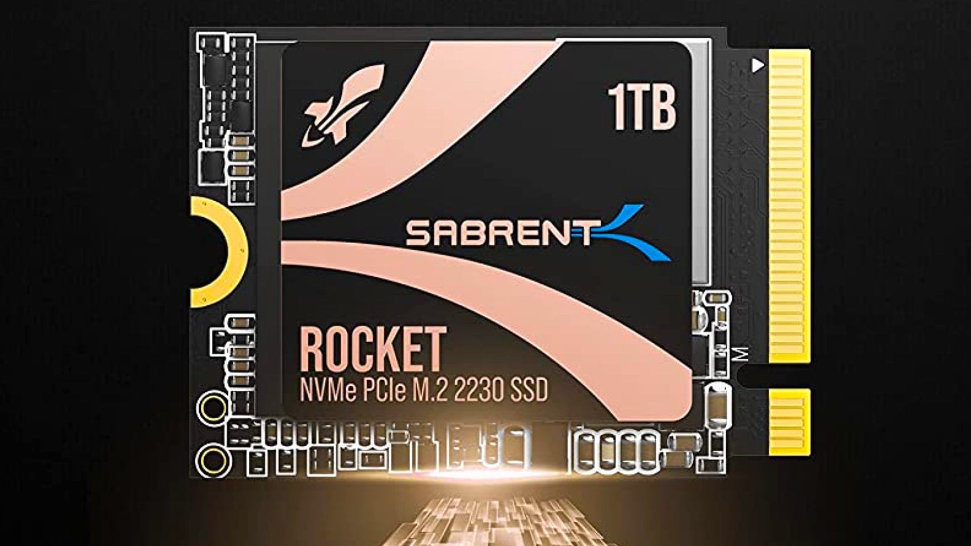 Best SSD for gaming: Sabrent Rocket 2230 SSD with dark backdrop and illumination below