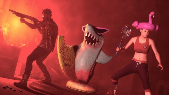 Two human survivors with weapons battling against zombies while an inflatable shark bounces between them