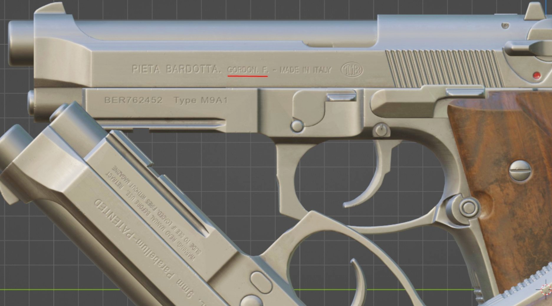 Counter-Strike 2 is hiding a very secret Half-Life reference: A close-up image of a handgun from Valve FPS game Counter-Strike 2 highlighting the name Gordon Freeman