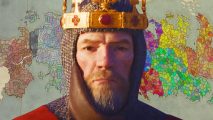 Get the Crusader Kings 3 Game of Thrones total conversion mod today: A king in a crown stands in front of the Game of Thrones map from Crusader Kings 3