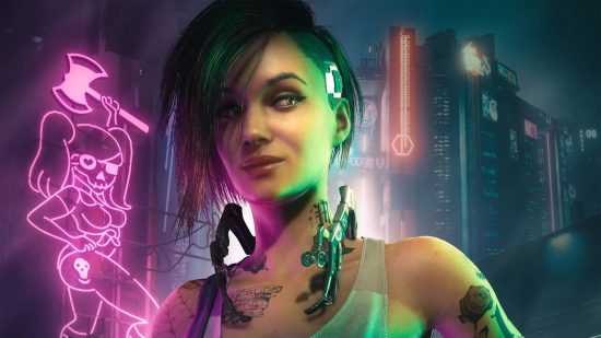 A Cyberpunk 2077 Phantom Liberty playtest is coming: A tanned woman with shaved hair on one side and a long fringe stands in front of a cyberpunk city wearing a white tank top