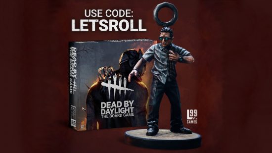 Dead by Daylight codes: Image shows the Dead by Daylight board game, alongside the DBD Dwight miniature charm and code 