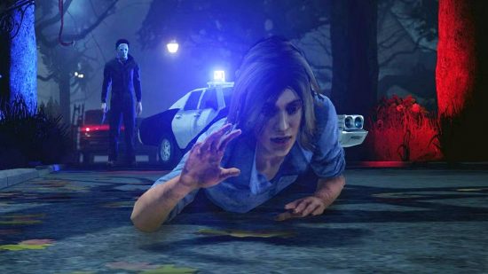 Dead by Daylight healing changes yet again after huge PTB backlash: A woman with a blonde bob crawling away from Michael Myres at night with a police car in the background