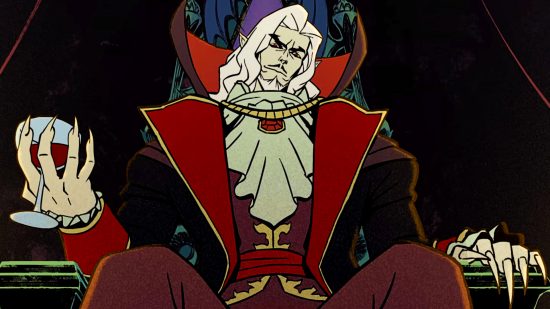 Dead Cells Return to Castlevania - Dracula looks down from his throne while holding a glass of wine in one hand