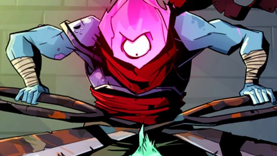 Dead Cells update 34 - a pink flame-headed, one-eyed Beheaded wields a giant pair of scissors