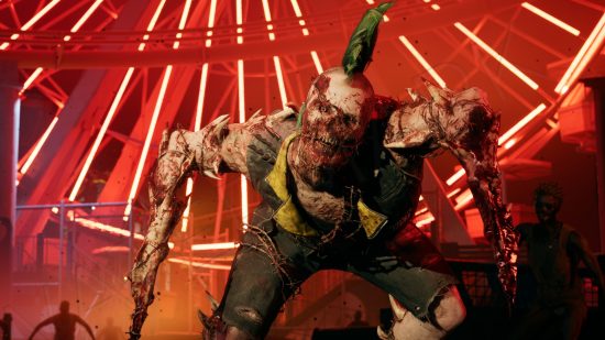 Dead Island 2 review - A butcher zombie variant with a green mohawk stands in front of the red neon lights of a Ferris wheel.