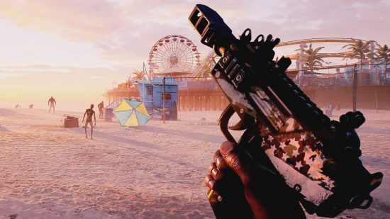 Dead Island 2 review - an altered gun is held up against the backdrop of a Santa Monica pier drenched in evening sunlight.