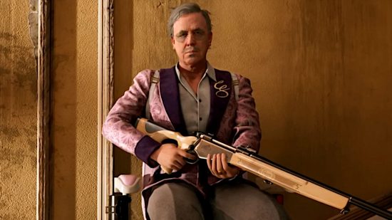 Curtis Sinclair sits in his stairlift brandishing his shotgun and wearing an ornate pink dressing gown shortly after you acquire the Dead Island 2 Curtis garage key.
