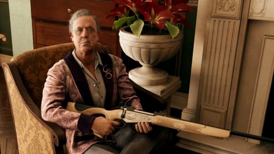Curtis Sinclair, the owner of the Dead Island 2 Curtis safe key, sits in an armchair in his Bel-Air mansion.