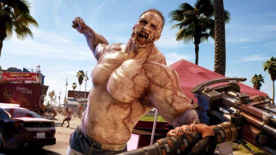 A Crusher Apex zombie variant, musclebound and extremely aggressive, raises a fist at the player - just one of several types the slayer will encounter on their way to retrieve the Dead Island 2 Goat Pen Master Keys.