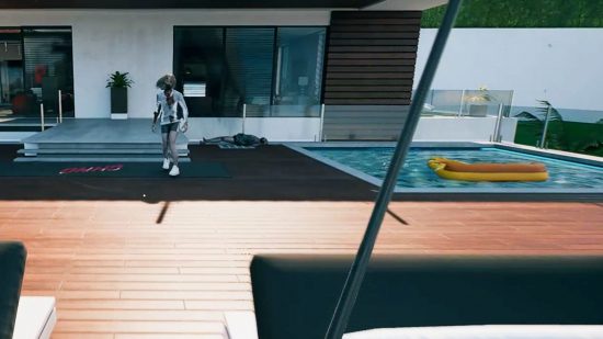 The pool balcony adjacent to the master bedroom that requires the Dead Island 2 Goat Pen Master Keys to access, characterised by pool inflatables and zombies.