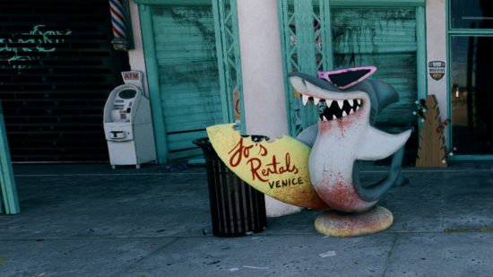 Dead Island 2 map: size, locations, and more - Carver the shark stands outside Jos surf board rentals on Venice Beach.