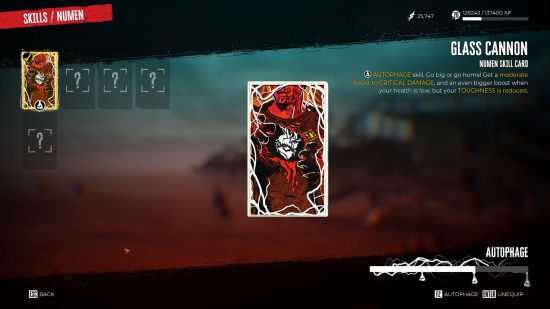 The Dead Island 2 skills menu depicting the chosen skill cards taken from the deck.