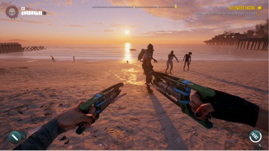 Our Dead Island 2 tips suggest increasing the FOV to see more zombies, image shows a wide beach vista with multiple zombies in front of you. 