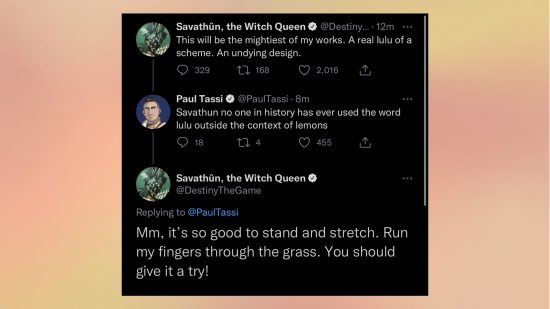 Bright Dust hoarders can get a fan-favourite Destiny 2 emote this week: An image of a text exchange in which Savathun alludes to Paul Tassi that he should 'touch grass.'