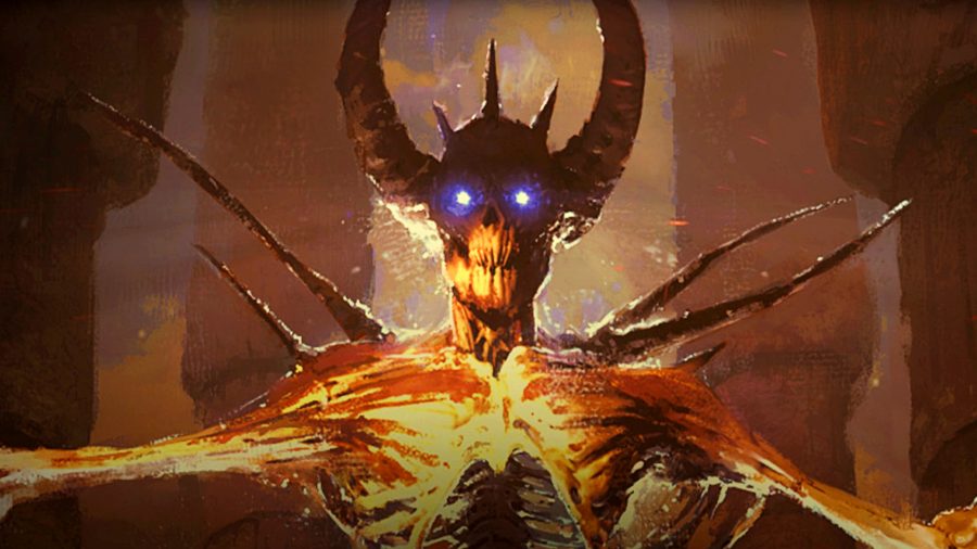 Diablo 2 Resurrected - an emaciated figure with large horns, spikes protruding from its shoulders, and vibrant blue eyes