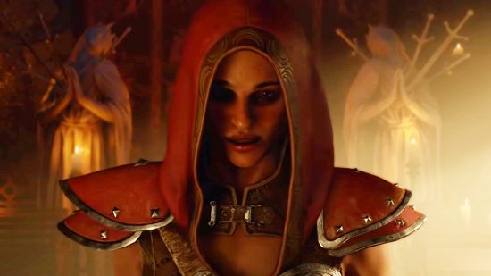 There will be no endgame Diablo 4 beta, Blizzard confirms: A tanned woman wearing a red hood with golden embellishments and armoured shoulders glares into the camera standing in church cloisters