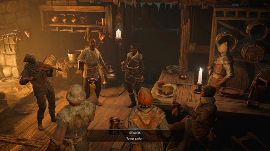 Diablo 4 Patch Notes - Een groep dorpelingen geeft een klein huisfeestje.  Leest de vertaalde tekst 
