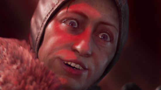 Diablo 4 beta - Vani, a middle-aged woman in a skullcap, opens her eyes wide in a gleeful trance as she falls under Lilith's spell